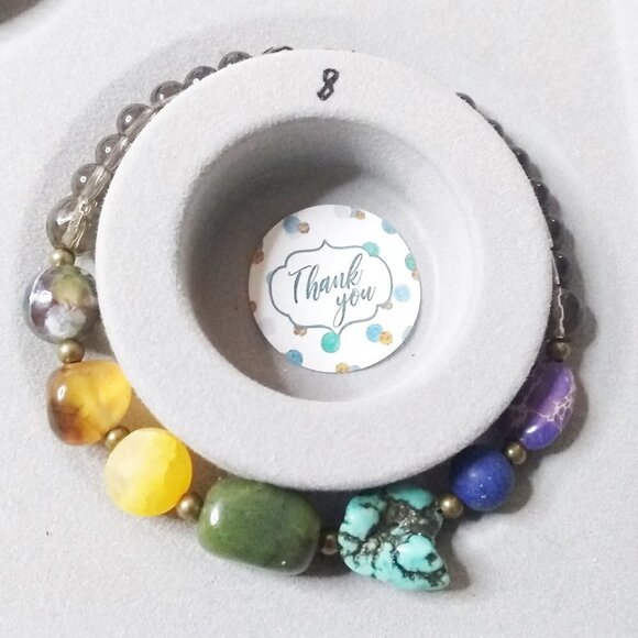 8" ~ 7 Chakra Bracelet! Loaded w. Semi-Precious Stones + Smokey Crystal Beads - Picture 2 of 8